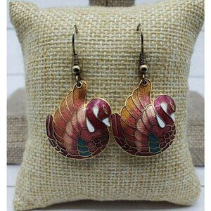 Pink & Gold Tone Swan Dangle Earrings Hooks 1.25 in.
